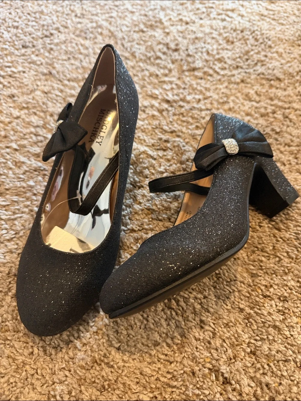 Girls' Black Glitter Bow Block Heel Dress Shoes